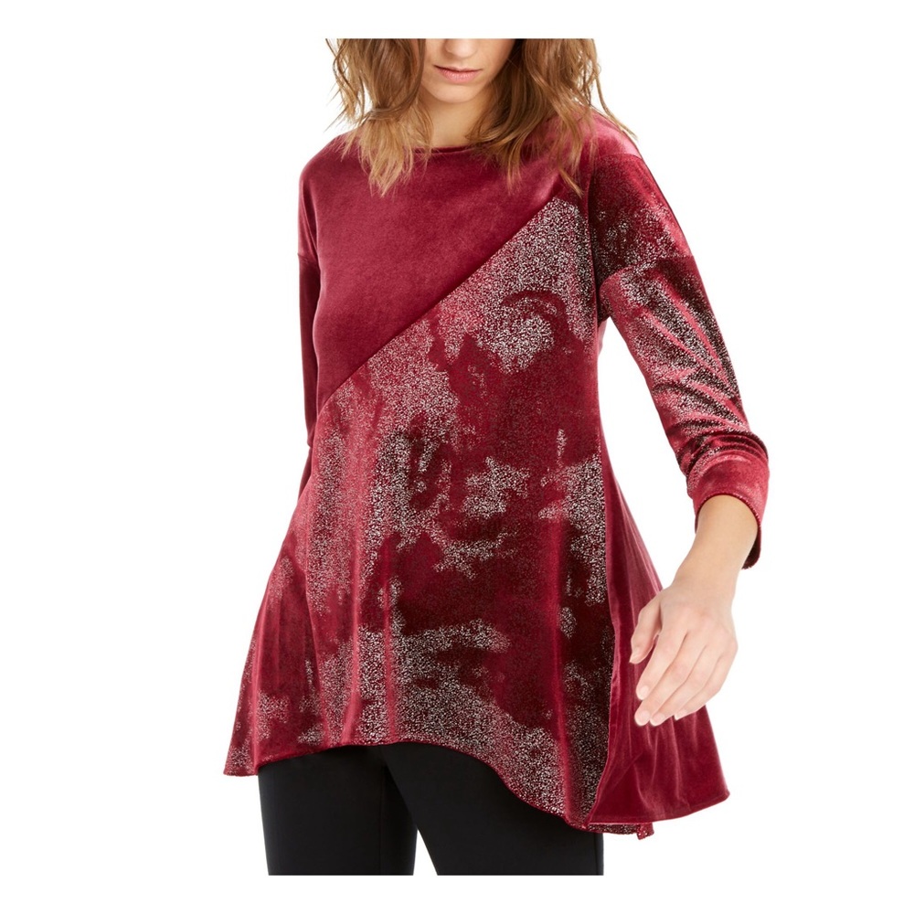 ALFANI Womens Red Speckle 3/4 Sleeve Crew Neck